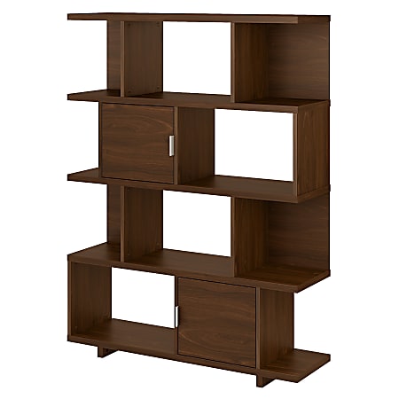 kathy ireland® Home by Bush Furniture Madison Avenue 63"H 4-Shelf Geometric Etagere Bookcase With Doors, Modern Walnut, Standard Delivery