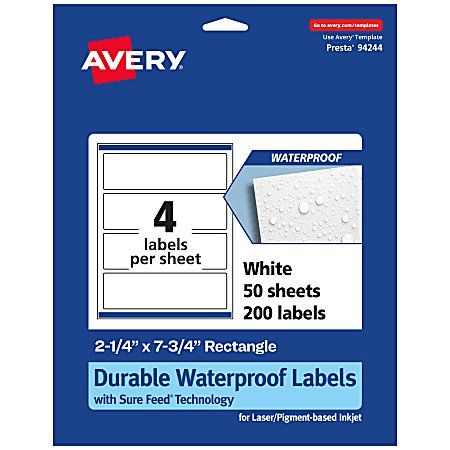 Avery® Waterproof Permanent Labels With Sure Feed®, 94244-WMF50, Rectangle, 2-1/4" x 7-3/4", White, Pack Of 200