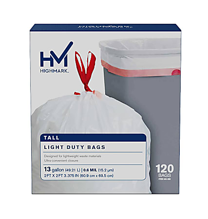 Highmark™ Tall 0.6 mil Drawstring Kitchen Trash Bags, 13 Gallon, 24" x 28", White, Box Of 120