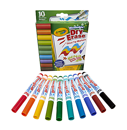 Crayola Dura-Wedge Tip Dry-Erase Washable Markers, Chisel Tip, Assorted Ink Colors, Pack Of 10 Markers