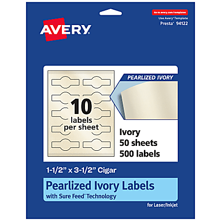 Avery® Pearlized Permanent Labels With Sure Feed®, 94122-PIP50, Cigar, 1-1/2" x 3-1/2", Ivory, Pack Of 500 Labels