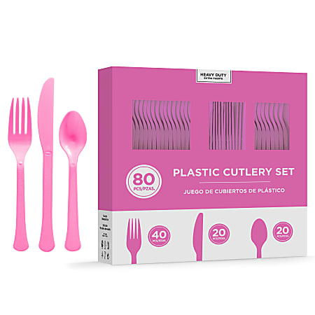 Amscan 8016 Solid Heavyweight Plastic Cutlery Assortments, Bright Pink, 80 Pieces Per Pack, Set Of 2 Packs