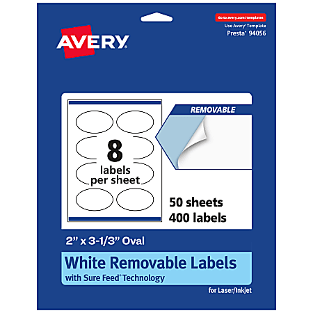 Avery® Removable Labels With Sure Feed®, 94056-RMP50, Oval, 2" x 3-1/3", White, Pack Of 400 Labels