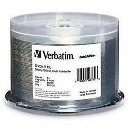 Verbatim DVD+R DL 8.5GB 8X DataLifePlus Shiny Silver Silk Screen Printable - 50pk Spindle - 8.5GB - 120mm Standard - 50 Pack Spindle