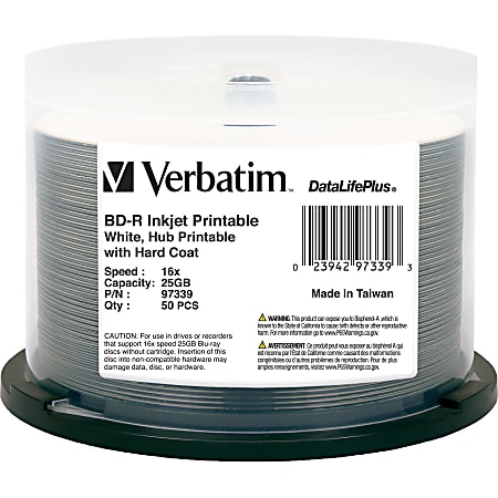 Verbatim BD-R 25GB 16X DataLifePlus White Inkjet Printable, Hub Printable - 50pk Spindle - 50pk Spindle
