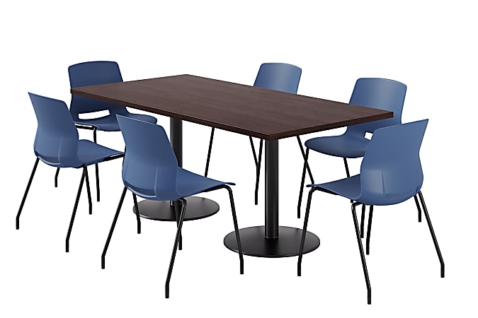 KFI Studios Proof Rectangle Pedestal Table With Imme Chairs, 31-3/4”H x 72”W x 36”D, Cafelle Top/Black Base/Navy Chairs