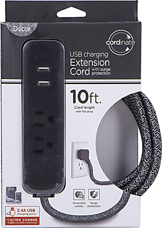 Cordinate 2-Outlet Grounded Extension Cord With USB, 10', Dark Heather