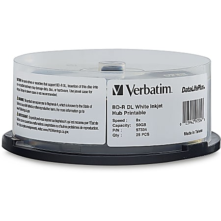 Verbatim BD-R DL 50GB 8X, White Label, DataLife+, White InkJet Hub Printable, 25PK Spindle - 50GB - 120mm Standard - 25 Pack Spindle