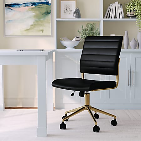 Martha Stewart Ivy Faux Leather Upholstered Mid-Back Executive Office Chair, Black/Polished Brass