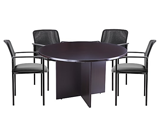 Boss Office Products 47" Round Table And Stackable Mesh Chairs Set, Mocha/Black