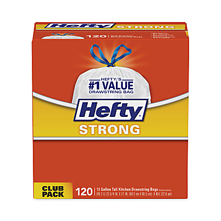 Hefty® Strong Tall Kitchen Drawstring Bags, 13 gal, 23.75" x 27", White, 90 Bags/Box, 3 Boxes/Carton