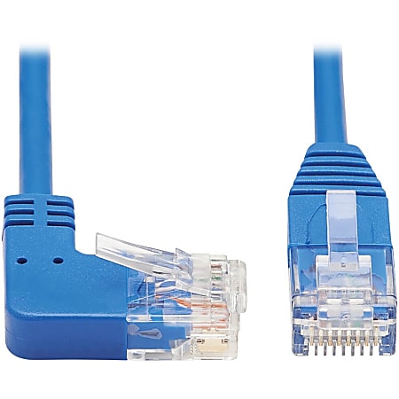 Tripp Lite Cat6 Ethernet Cable Right Angled UTP Slim Molded M/M Blue 1ft - First End: 1 x RJ-45 Male Network - Second End: 1 x RJ-45 Male Network - 1 Gbit/s - Patch Cable - Gold Plated Contact - 28 AWG - Blue