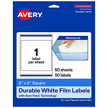 Avery® Waterproof Permanent Labels With Sure Feed®, 94108-WMF50, Square, 8" x 8", White, Pack Of 50