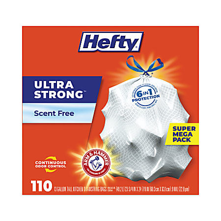 Hefty® Ultra Strong Tall Kitchen Trash Bags, Drawstring, 13 gal, 23.75" x 24.88", White, 110/Box