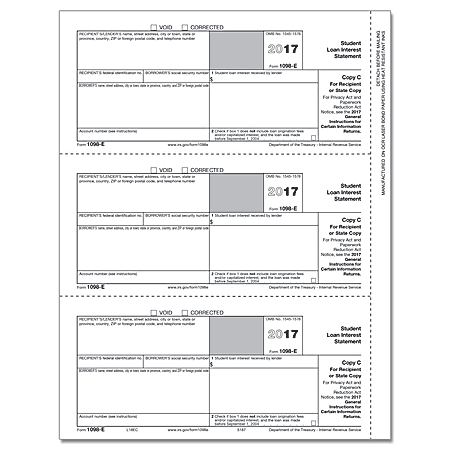ComplyRight 1098-E Inkjet/Laser Tax Forms For 2017, Copy C, 8 1/2" x 11", Pack Of 50