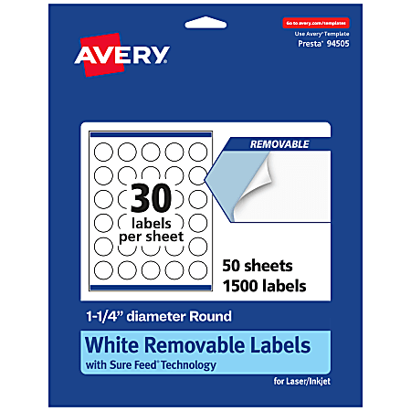 Avery® Removable Labels With Sure Feed®, 94505-RMP50, Round, 1-1/4" Diameter, White, Pack Of 1,500 Labels