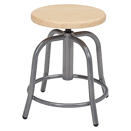 National Public Seating® 19” - 25” Height Adjustable Swivel Stool, Wooden Seat, New Zealand Pine, Grey Frame