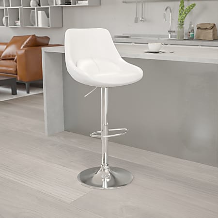 Flash Furniture Contemporary Adjustable Height Swivel Bar Stool With Support Pillow, White Vinyl/Chrome