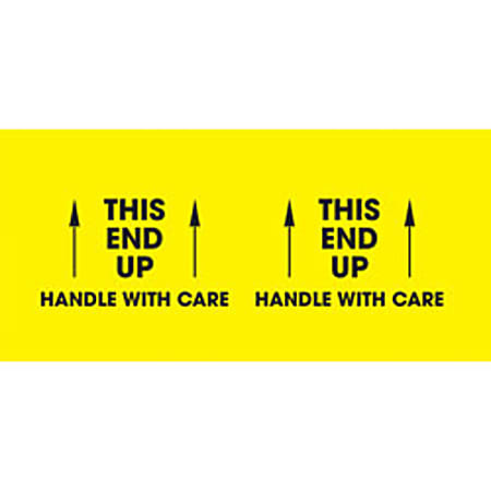 Tape Logic® Preprinted Pallet Protection Labels, DL3151, 10" x 3", Corner™Style, "This End Up / Handle With Care," Bright Yellow, Roll Of 500