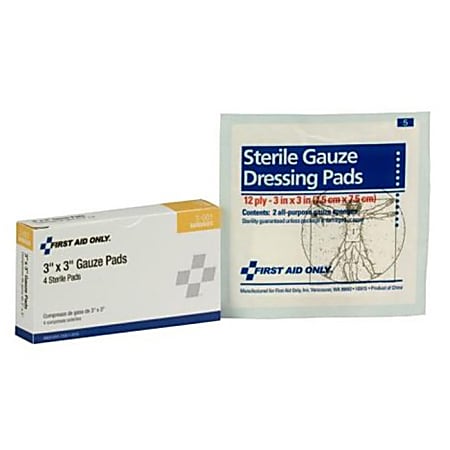 First Aid Only Gauze Pads, 3" x 3", White, Pack Of 4 Pads