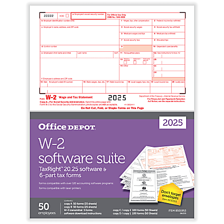 Office Depot® W-2 Laser Tax Forms With Software, 6-Part, 2-Up, 8-1/2" x 11", Pack Of 50 Form Sets, 56225
