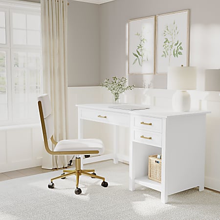 Martha Stewart Hutton Shaker Style Home Office Desk with 2 Side Drawers, White Frame/Polished Brass Hardware