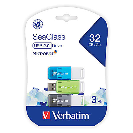 Verbatim® SeaGlass USB 2.0 Flash Drives, 32GB, Assorted Colors, Pack Of 3