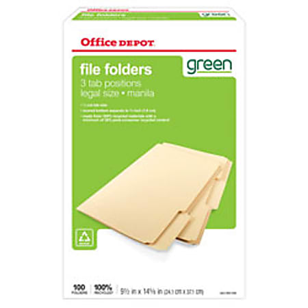 Office Depot® Brand Top Tab Folders, 1/3 Cut, Legal Size, 100% Recycled, Manila, Pack Of 100
