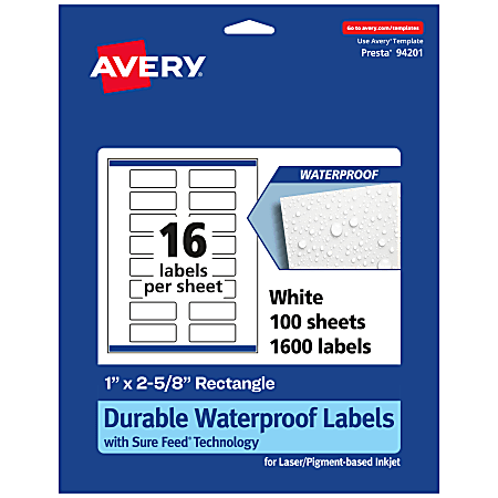 Avery® Waterproof Permanent Labels With Sure Feed®, 94201-WMF100, Rectangle, 1" x 2-5/8", White, Pack Of 1,600