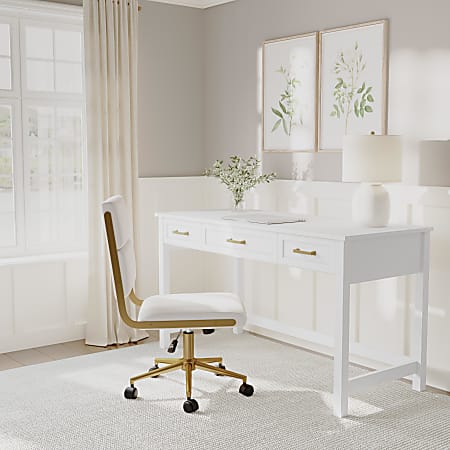 Martha Stewart Hutton Shaker Style Home Office 3 Drawer Desk, White Frame/Polished Brass Hardware