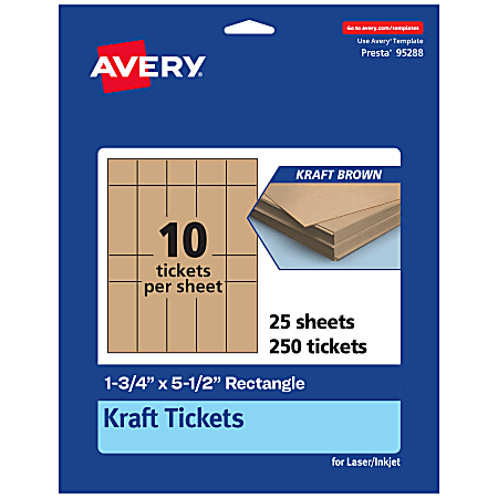 Avery® Printable Tickets, 1.75"x5.5", Kraft Brown, Pack Of 250