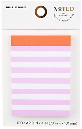 Noted by Post-it Mini List Notes, 2.9 in. x 4 in. Purple And White-Striped With a Red And White-Striped Top Border