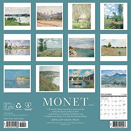 2026 Willow Creek Press Art Design Monthly Wall Calendar 12 x 12 Monet ...