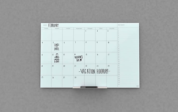 U Brands® Frameless Floating Non-Magnetic Glass Dry-Erase Monthly Calendar Board, 48" X 36", Frosted White (Actual Size 47" x 35")