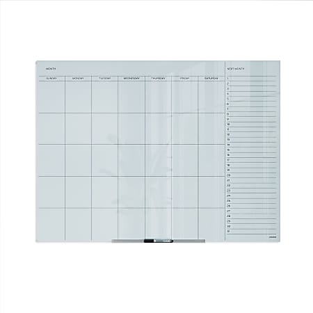 U Brands® Floating Non-Magnetic Glass Dry-Erase Monthly Calendar Board, 48"x36", White Frosted Surface, Frameless, Actual Size 47"x35" (2776U00-01)