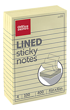 Office Depot® Brand Lined Sticky Notes, 4" x 6", Pastel Yellow, 100 Sheets Per Pad, Pack Of 4 Pads