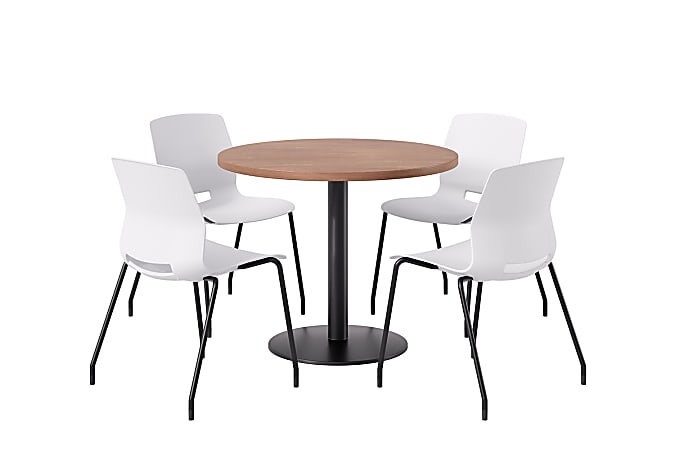 KFI Studios Midtown Pedestal Round Standard Height Table Set With Imme Armless Chairs, 31-3/4”H x 22”W x 19-3/4”D, River Cherry Top/Black Base/White Chairs
