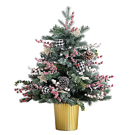 Nearly Natural 3’H Pre-Lit Artificial Snow-Covered Decorative Christmas Tree In Golden Planter, 36”H x 23”W x 23”D, Green - T4788