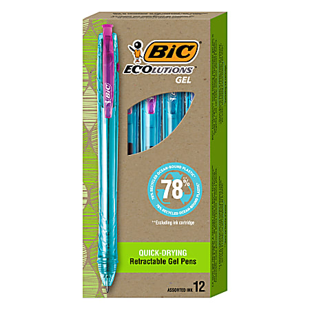 BIC® Ecolutions Ocean-Bound Retractable Gel Pens, Pack Of 12 Pens, Medium Point, 0.7 mm,  78% Recycled, Clear Barrel, Assorted Ink Colors