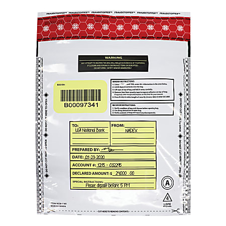 Nadex Coins Tamper-Evident FRAUDSTOPPER Bank Deposit Bags, 12" x 9", Opaque, Pack Of 50 Bags
