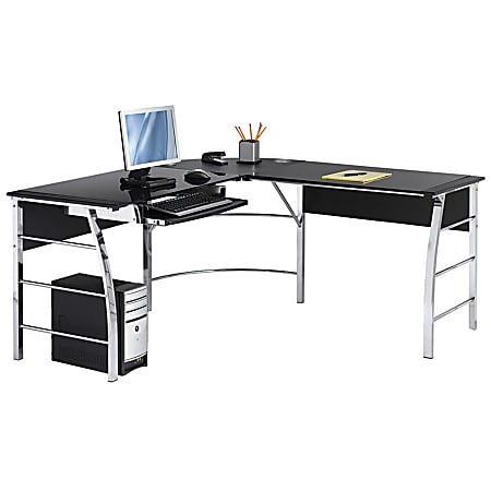 Realspace Mezza L Shaped Desk, L Shaped Glass Computer Desk With Drawers