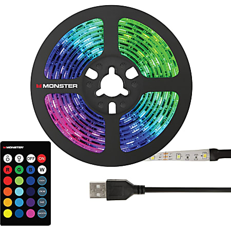 Monster Multi Color LED Light Strip 6.5ft 0.3 Height 0.2 Width LED Bulb USB  Powered Adjustable Brightness Self adhesive Black for Bedroom Office Living  Room - Office Depot