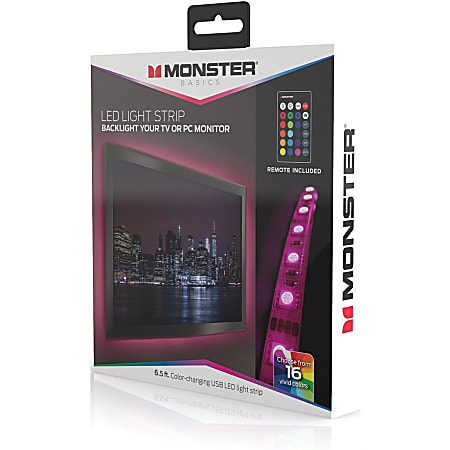 Monster Multi Color LED Light Strip 6.5ft 0.3 Height 0.2 Width LED Bulb USB Powered Adjustable Brightness Self adhesive Black for Bedroom Office Living Room ODP Business Solutions