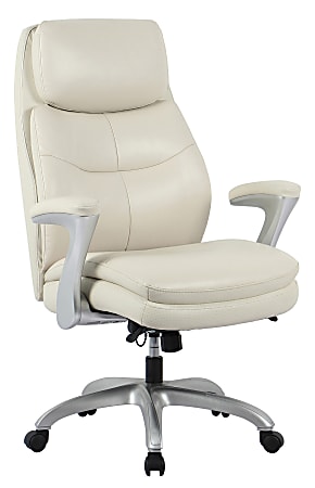 Realspace&reg; Everton Ergonomic Vegan Leather High-Back Executive Chair with Flip-Up Armrests, Beige/Silver, BIFMA Compliant