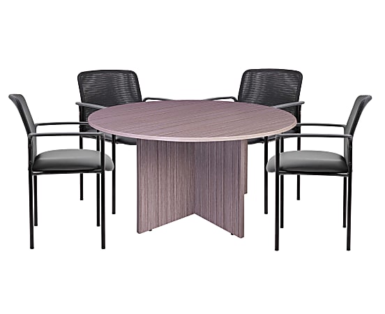 Boss Office Products 47" Round Table And Stackable Mesh Chairs Set, Driftwood/Black