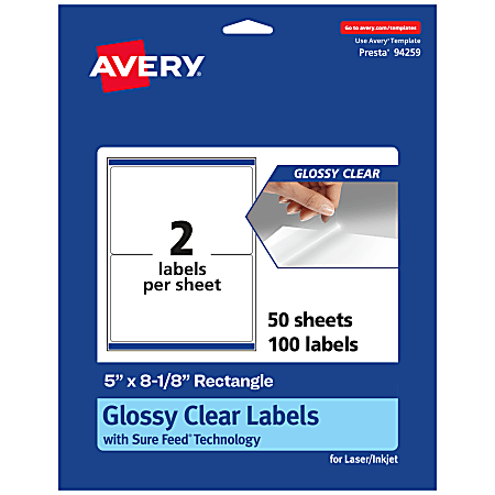 Avery® Glossy Permanent Labels With Sure Feed®, 94259-CGF50, Rectangle, 5" x 8-1/8", Clear, Pack Of 100