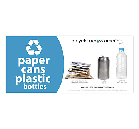 Recycle Across America Paper, Cans And Plastic Standardized Recycling Label, PCP-0409, 4" x 9", Light Blue
