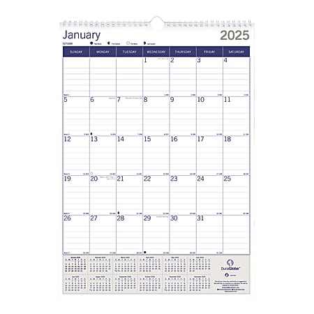 2025 Blueline DuraGlobe Monthly Wall Calendar, 12" x 17", Blue/White, January To December, C171203