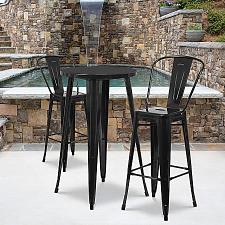 Flash Furniture Round Metal Bar Table Set With 2 Café Stools, 41"H x 24"W x 24"D, Black