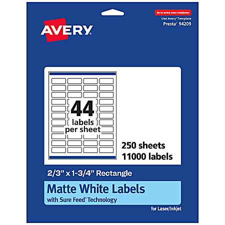 Avery® Permanent Labels With Sure Feed®, 94209-WMP250, Rectangle, 2/3" x 1-3/4", White, Pack Of 11,000